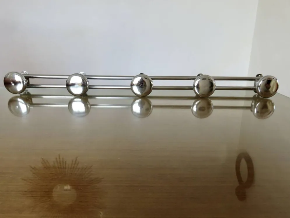 Porte manteaux mural en métal chromé à 5 patères, vintage, années 80