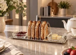 Porte-toast en argent massif Art Déco, plateau martelé assorti, plats à beurre en cristal.