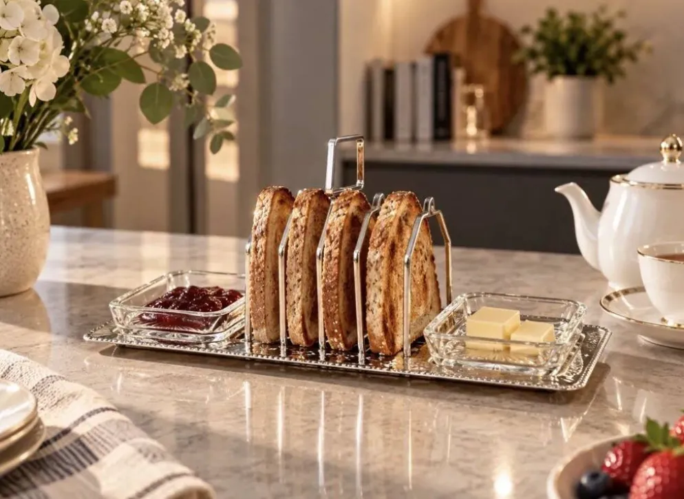 Porte-toast en argent massif Art Déco, plateau martelé assorti, plats à beurre en cristal.