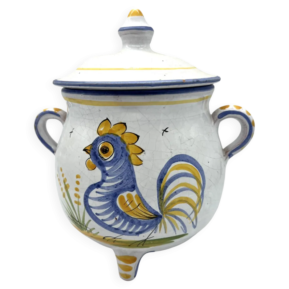Pot couvert en faïence décor rustique – motif coq – XXe siècle