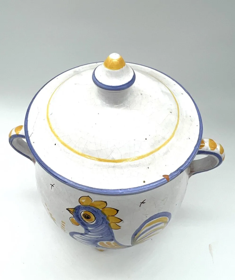 Pot couvert en faïence décor rustique – motif coq – XXe siècle