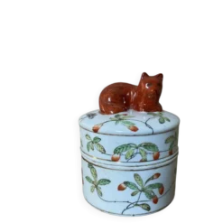 Pot couvert en faïence IMARI décor fait main, fleurs papillons et chat