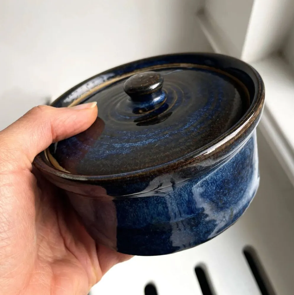 Pot en terre cuite vintage bleu de Pearson Chesterfield Angleterre, demi-pinte.