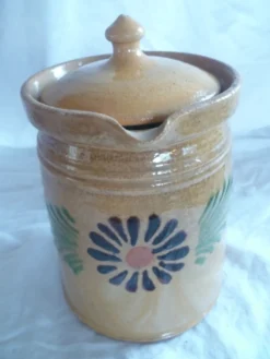 Pot à lait/crème & son couvercle terre cuite vernissee art populaire savoyard chalet deco collector