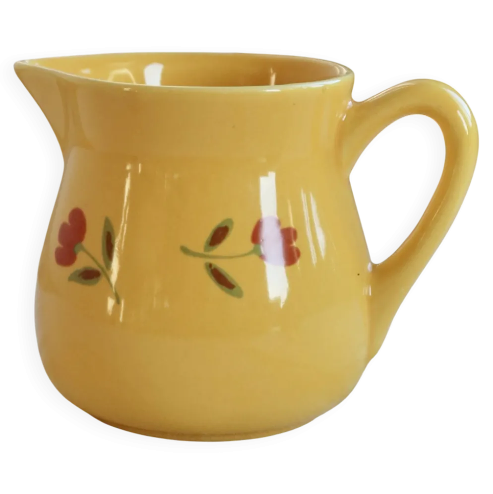 Pot à lait vintage en céramique jaune – Motif fleuri peint à la main