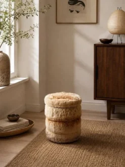 Pouf coffre cylindrique en fausse fourrure 1970
