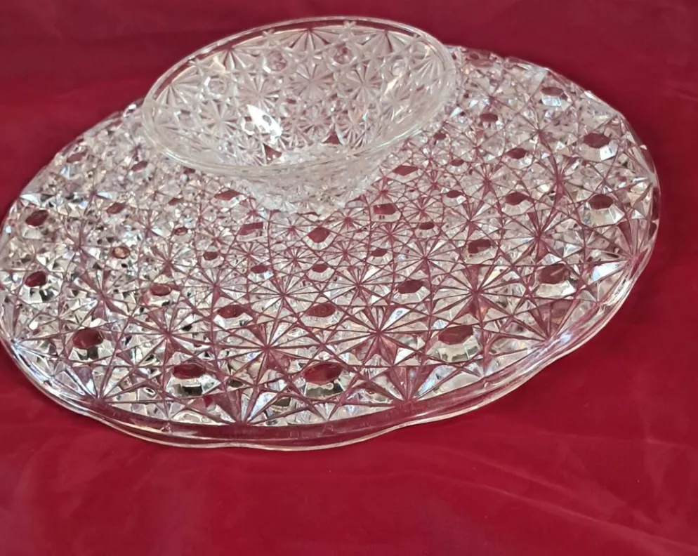 Présentoir à gâteau vintage en verre moulé pointe de diamant - Ø 32 cm