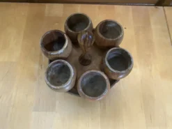 Présentoir tourniquet 6 coquetiers bois olivier & teck années 60 vinta