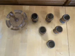 Présentoir tourniquet 6 coquetiers bois olivier & teck années 60 vinta