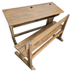 Pupitre d'école double et son banc en bois