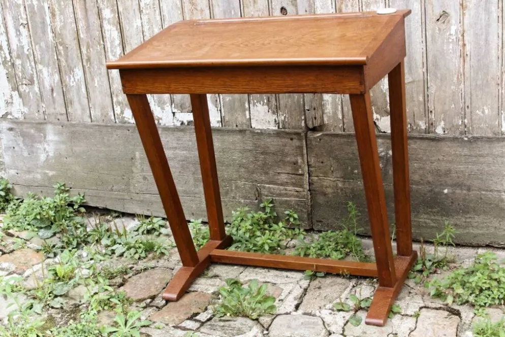Pupitre et chaise d'écolier en bois, années 50