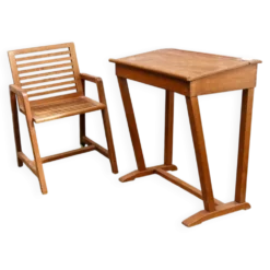 Pupitre et chaise d'écolier en bois, années 50