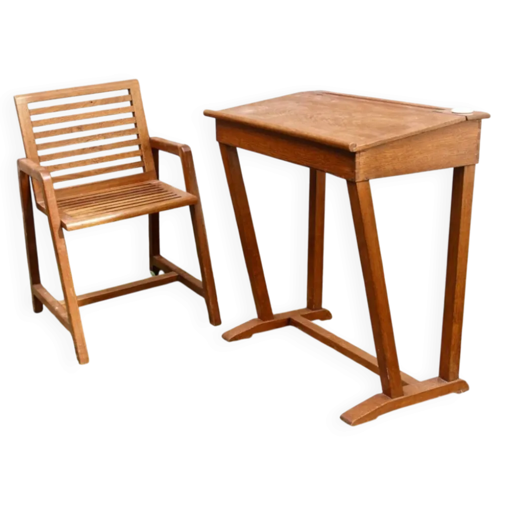 Pupitre et chaise d'écolier en bois, années 50