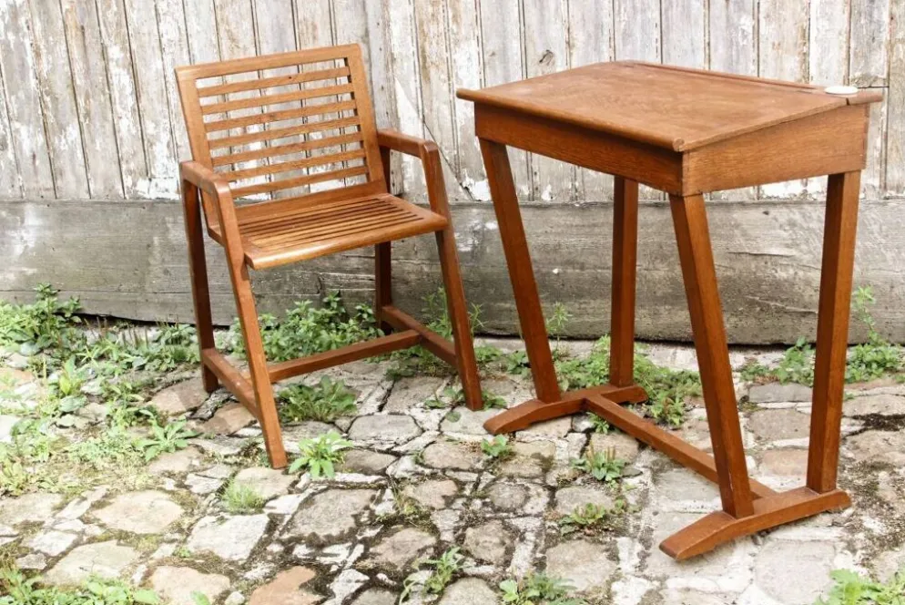 Pupitre et chaise d'écolier en bois, années 50