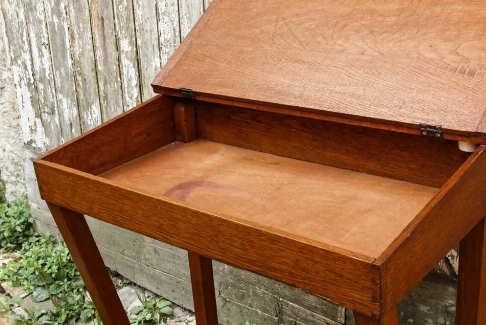 Pupitre et chaise d'écolier en bois, années 50