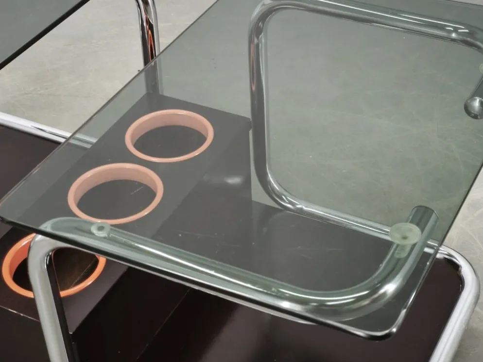 Rare chariot de bar en chrome, verre fumé et bois des années 1970, style Space Age