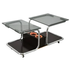Rare chariot de bar en chrome, verre fumé et bois des années 1970, style Space Age