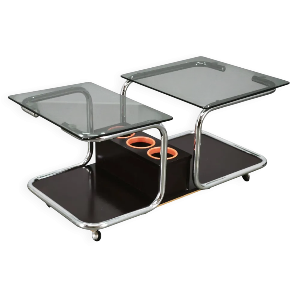 Rare chariot de bar en chrome, verre fumé et bois des années 1970, style Space Age