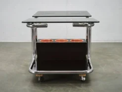 Rare chariot de bar en chrome, verre fumé et bois des années 1970, style Space Age