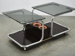 Rare chariot de bar en chrome, verre fumé et bois des années 1970, style Space Age