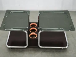 Rare chariot de bar en chrome, verre fumé et bois des années 1970, style Space Age