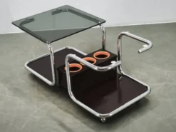 Rare chariot de bar en chrome, verre fumé et bois des années 1970, style Space Age