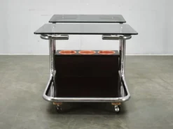 Rare chariot de bar en chrome, verre fumé et bois des années 1970, style Space Age
