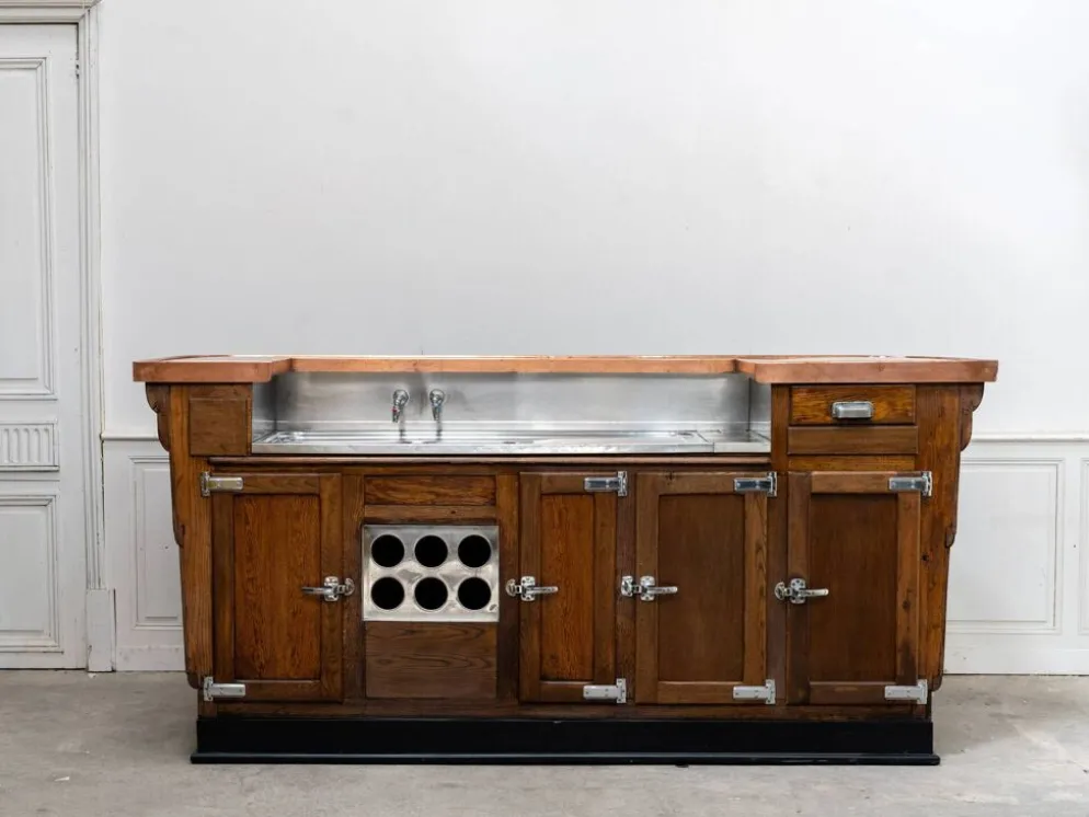 Rare comptoir en cuivre et chêne des années 60 260cm