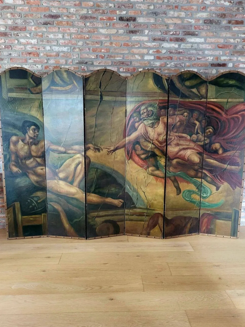 Rare paravent Art déco peint à la main dans le style de Michel-Ange