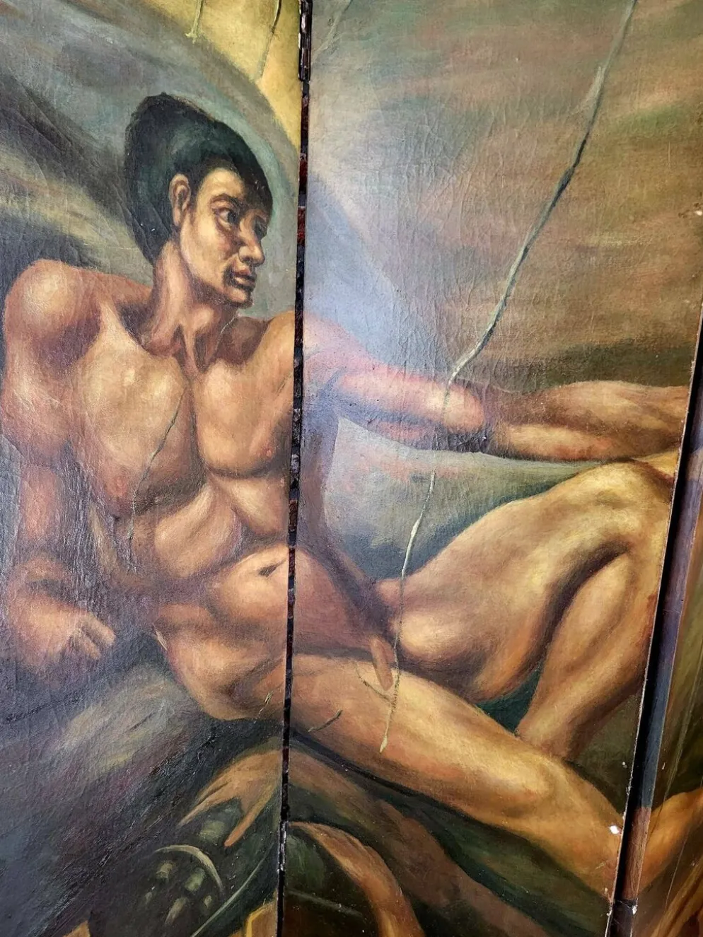Rare paravent Art déco peint à la main dans le style de Michel-Ange