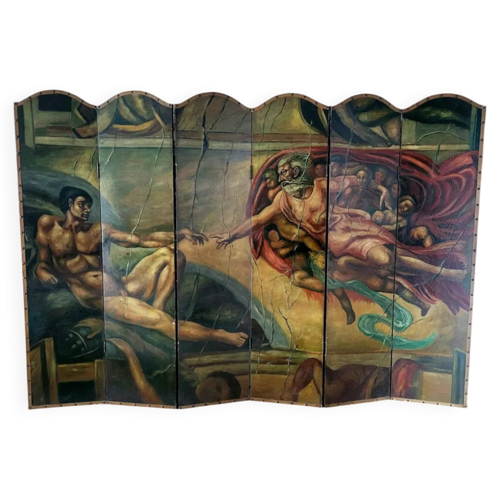 Rare paravent Art déco peint à la main dans le style de Michel-Ange