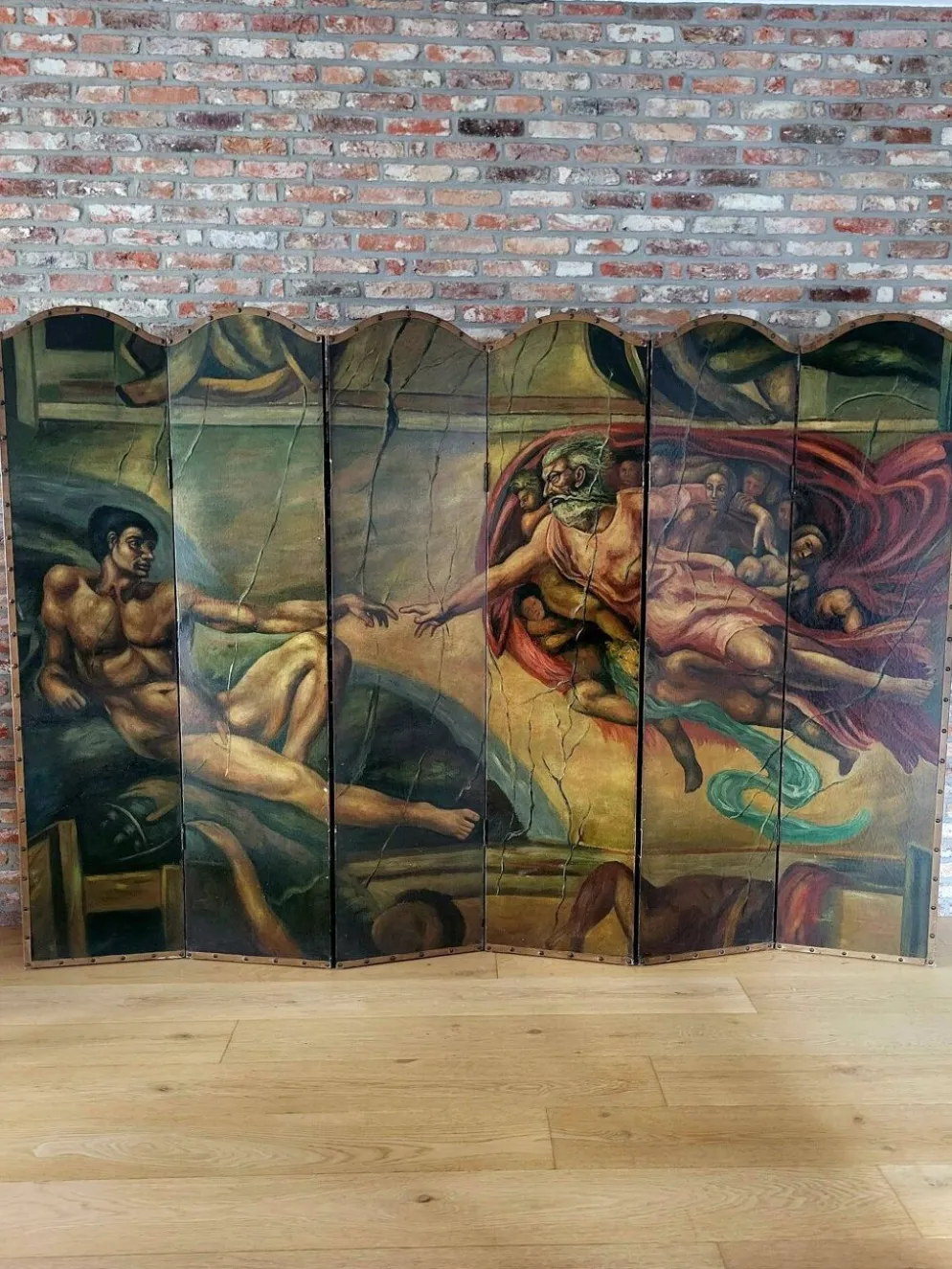 Rare paravent Art déco peint à la main dans le style de Michel-Ange