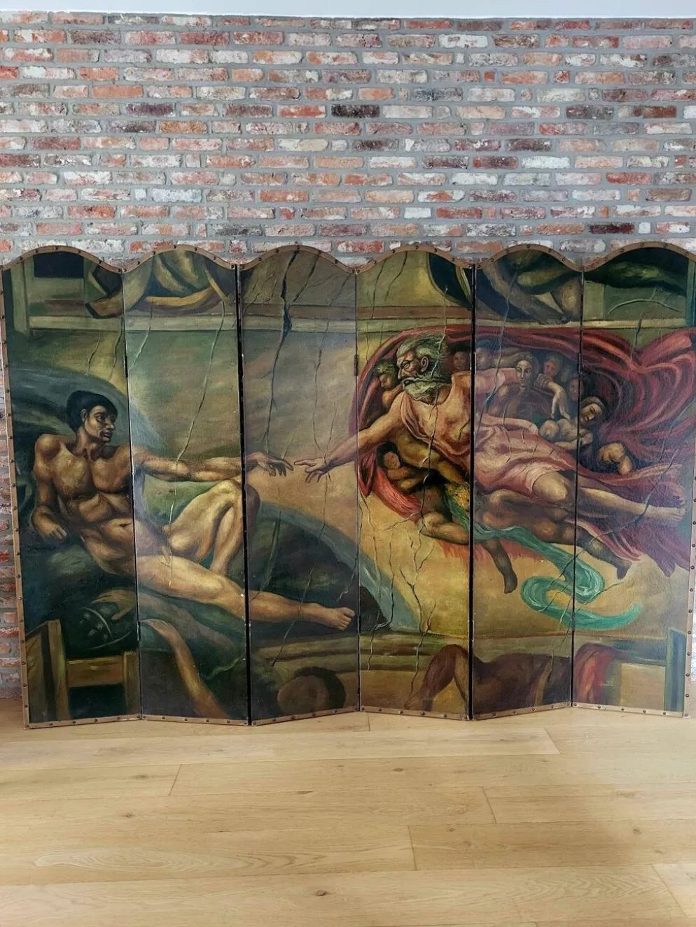 Rare paravent Art déco peint à la main dans le style de Michel-Ange