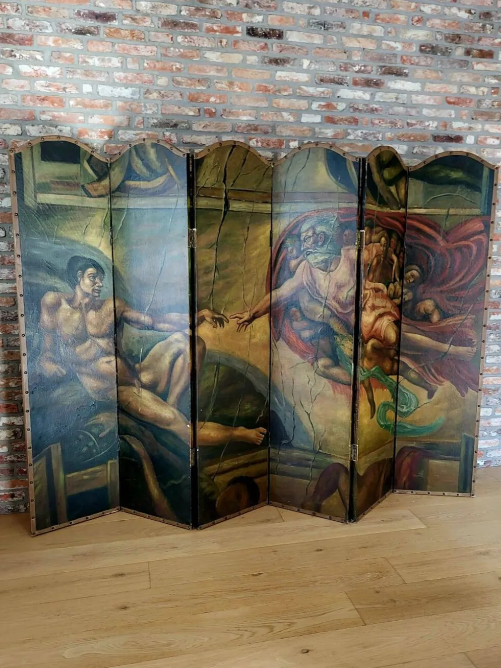 Rare paravent Art déco peint à la main dans le style de Michel-Ange