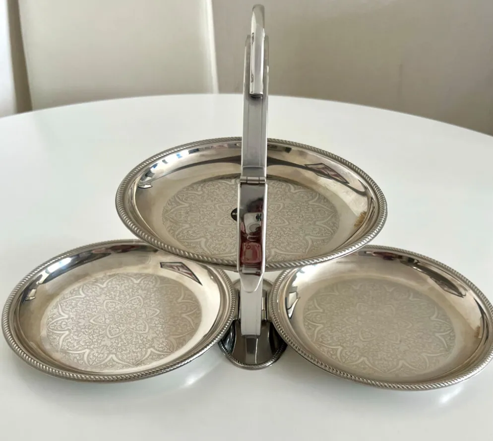 Rare serviteur pliable Alessi Italie Inox 18/10 3 plateaux vintage ave