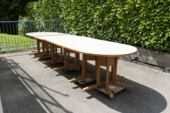 Rare set de 6 tables Baumann 1990, 80x120 et demi lune 120cm
