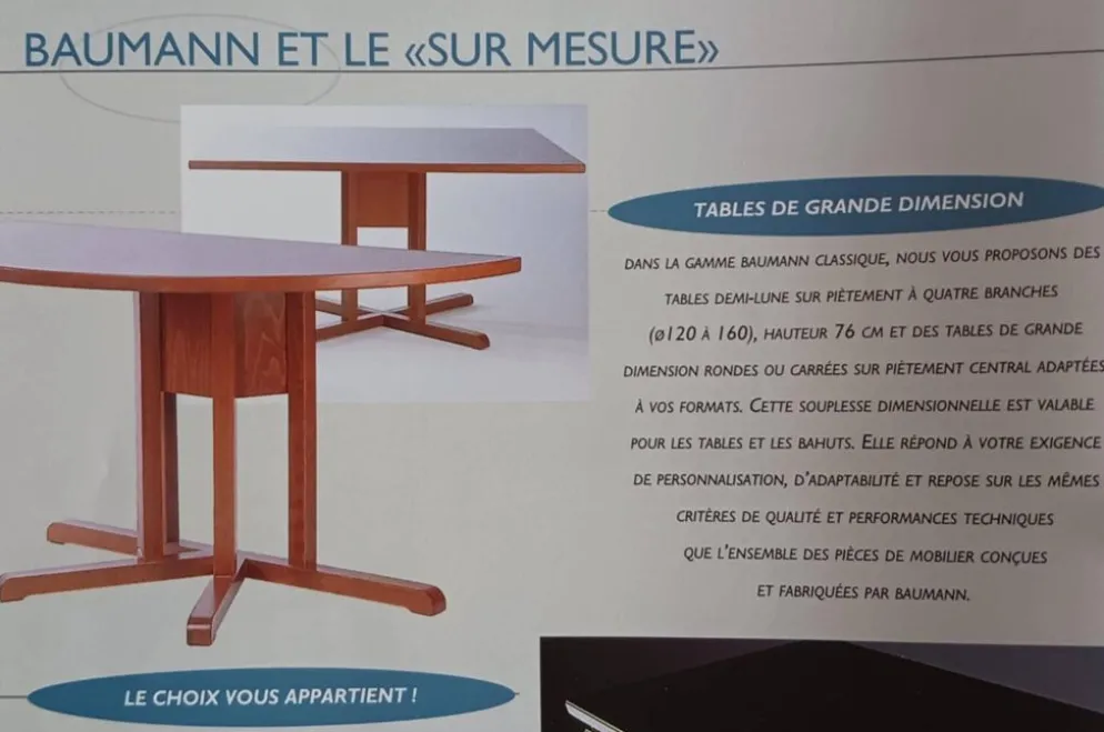 Rare set de 6 tables Baumann 1990, 80x120 et demi lune 120cm