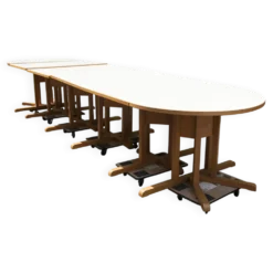 Rare set de 6 tables Baumann 1990, 80x120 et demi lune 120cm
