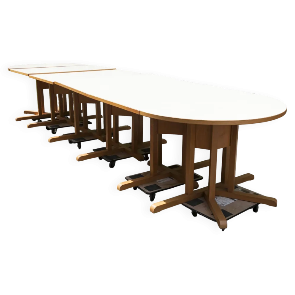 Rare set de 6 tables Baumann 1990, 80x120 et demi lune 120cm
