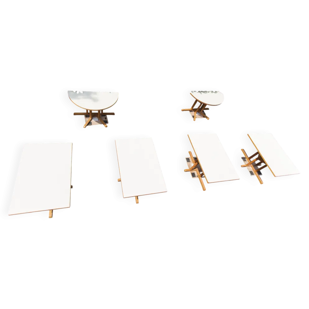 Rare set de 6 tables Baumann 1990, 80x120 et demi lune 120cm