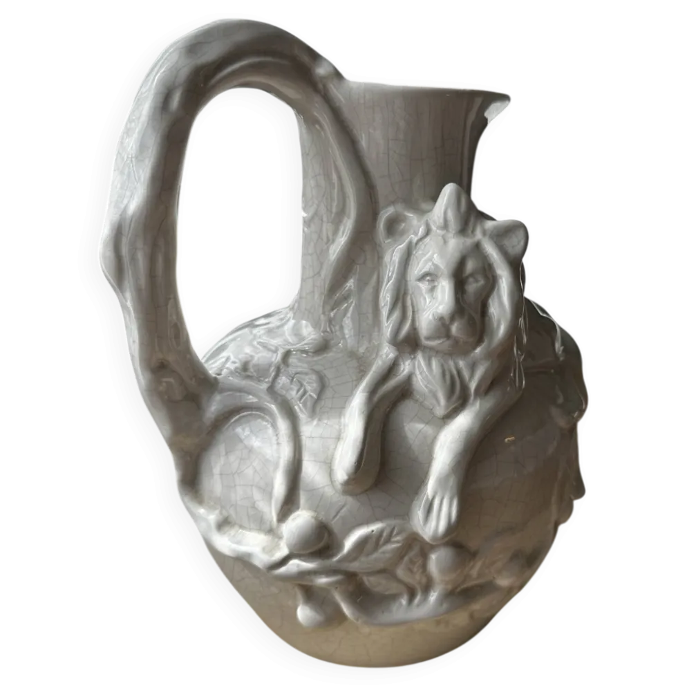 Rare : superbe pichet/carafe art nouveau, céramique craquelée signé T.