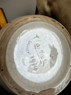 Rare : superbe pichet/carafe art nouveau, céramique craquelée signé T.
