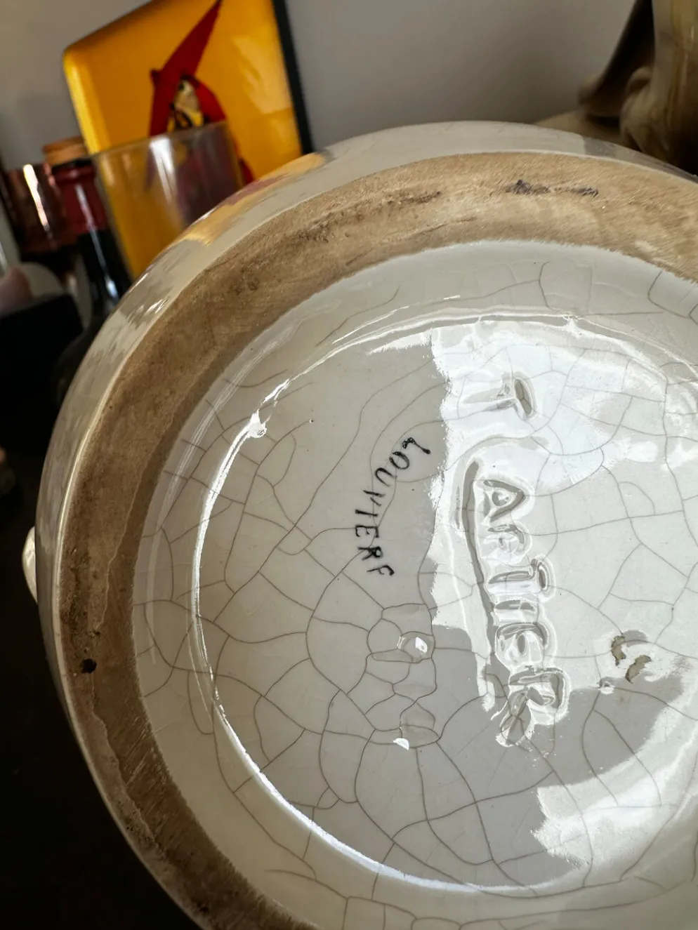 Rare : superbe pichet/carafe art nouveau, céramique craquelée signé T.