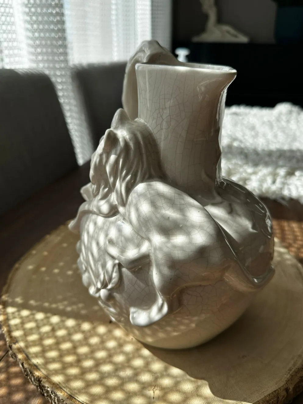 Rare : superbe pichet/carafe art nouveau, céramique craquelée signé T.