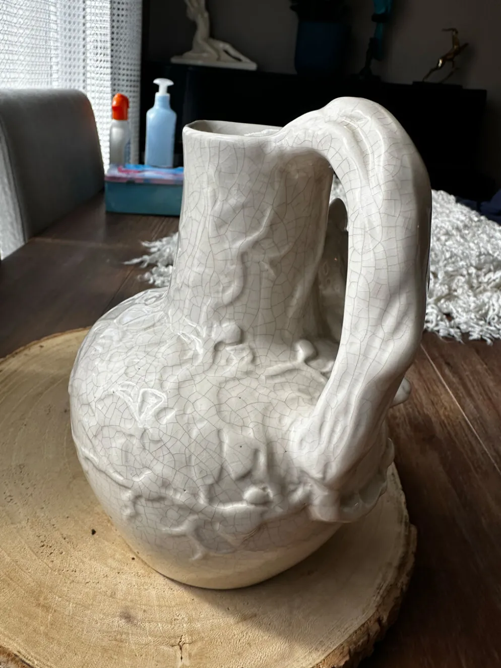 Rare : superbe pichet/carafe art nouveau, céramique craquelée signé T.