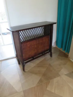 Rare vintage meuble de bar étagère bois rotin tressé années 80 rétro