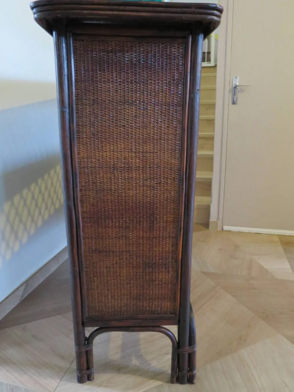 Rare vintage meuble de bar étagère bois rotin tressé années 80 rétro