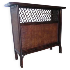 Rare vintage meuble de bar étagère bois rotin tressé années 80 rétro