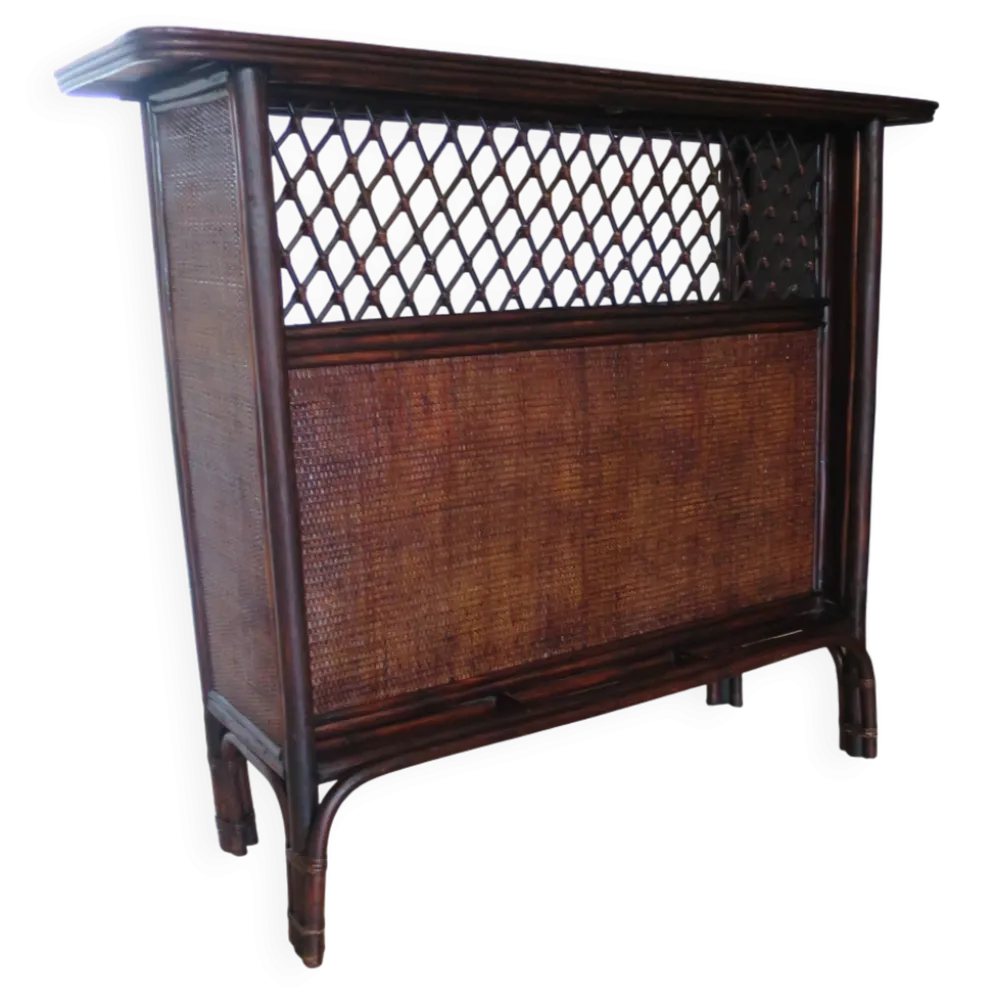 Rare vintage meuble de bar étagère bois rotin tressé années 80 rétro