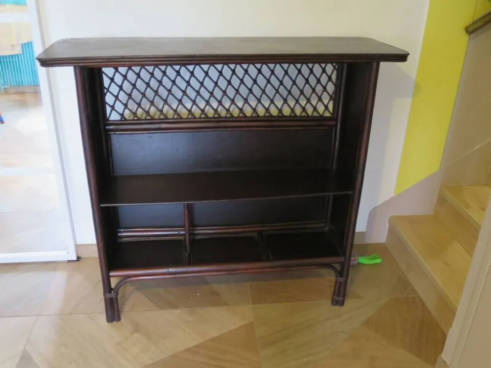 Rare vintage meuble de bar étagère bois rotin tressé années 80 rétro